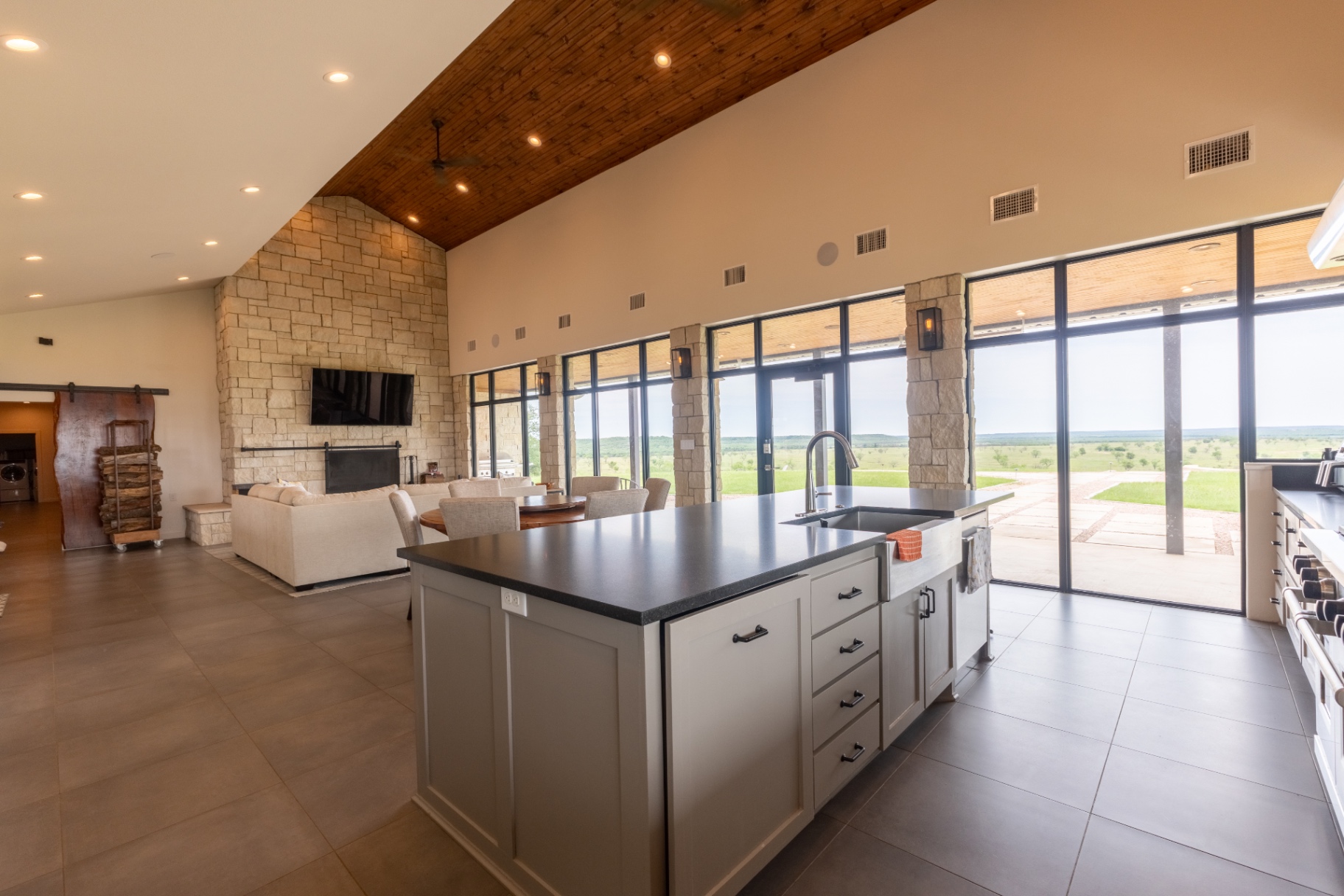 Guest House chef's kitchen island with farmhouse sink — Trinity Valley Ranch Deer, Coleman Texas