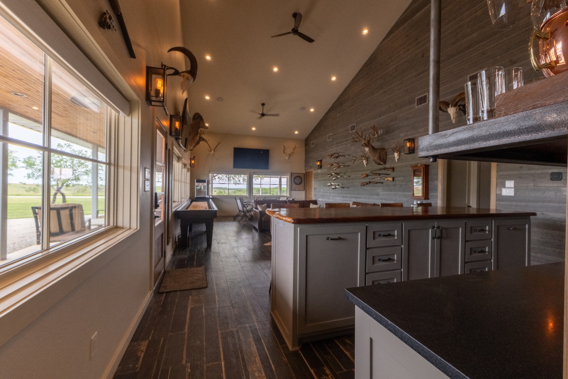 Saloon bar looking toward the trophy lounge — Trinity Valley Ranch Deer, Coleman Texas